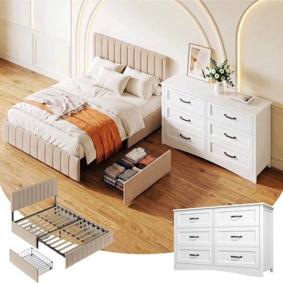 Jolifa Bedroom Furniture Set, Beige Queen Size Bed Frame & White 6 Drawer Dresser with Metal Handle for Small Space, Bedroom, Studio