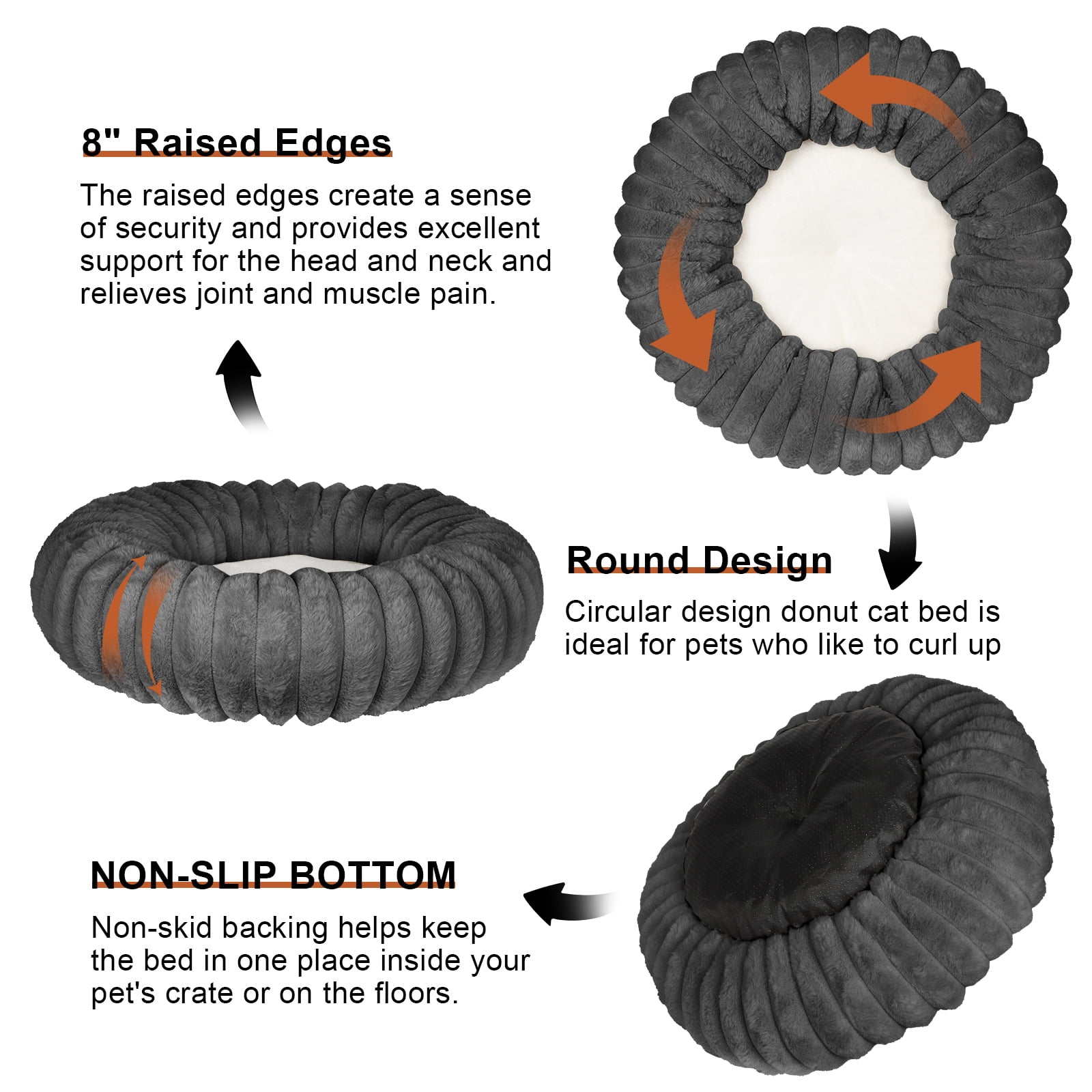 Katieovy Large Donut Dog Beds,Fluffy Calming Dog Beds with Non-Slip Bottomm,32 x 32 inch Washable Round Dog Cat Beds,Dark Gray