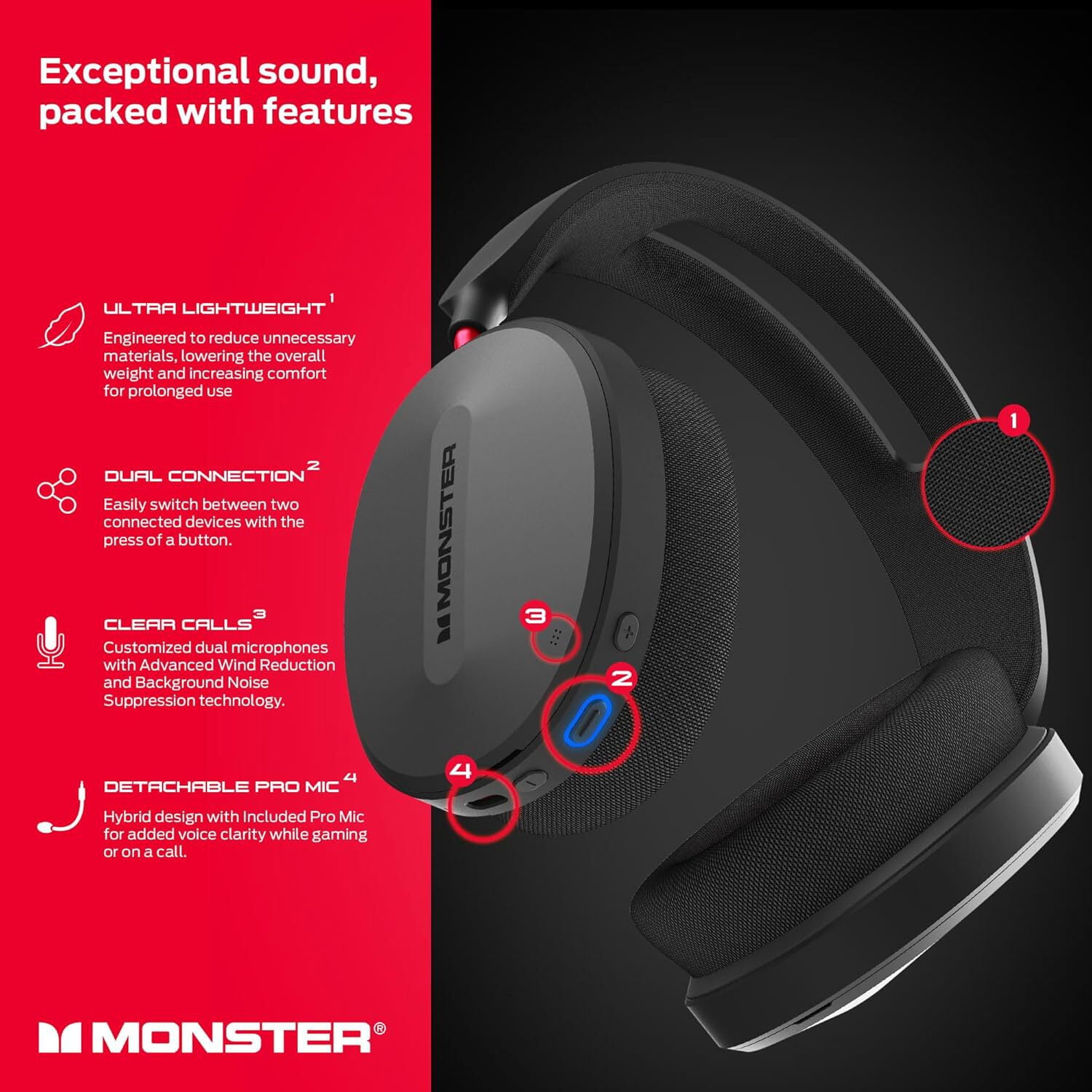 Monster Elements Air Bluetooth On-Ear Headphones, Detachable Pro Mic, 50mm Dynamic Drivers, 60-Hour Playtime, Protective Case