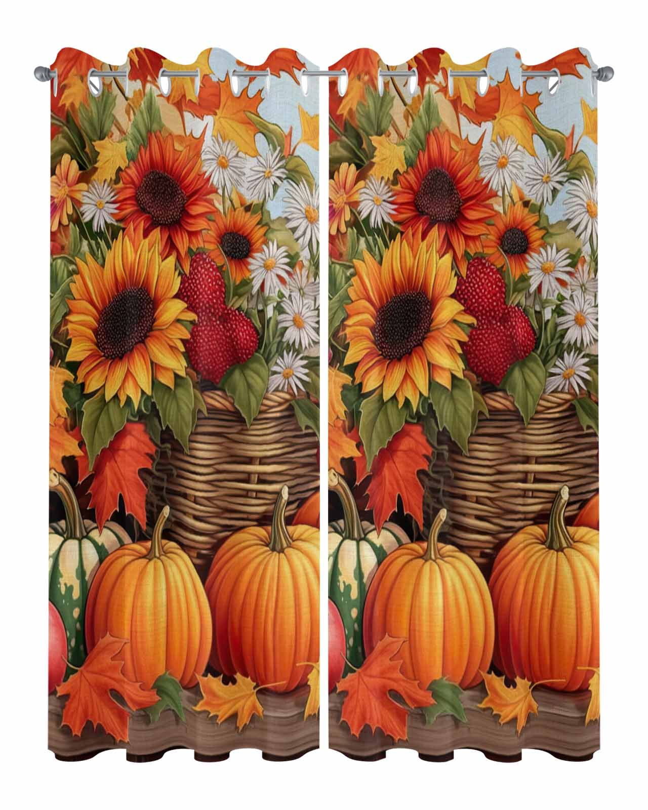 Outdoor Curtains for Patio, Orange Pumpkins Fall Waterproof Blackout Outside Curtain for Porch/Pergola/Gazebo, Watercolor Sunflower Botanical Thermal Insulated Drapes, 2 Panels, 54 x 84 Inch