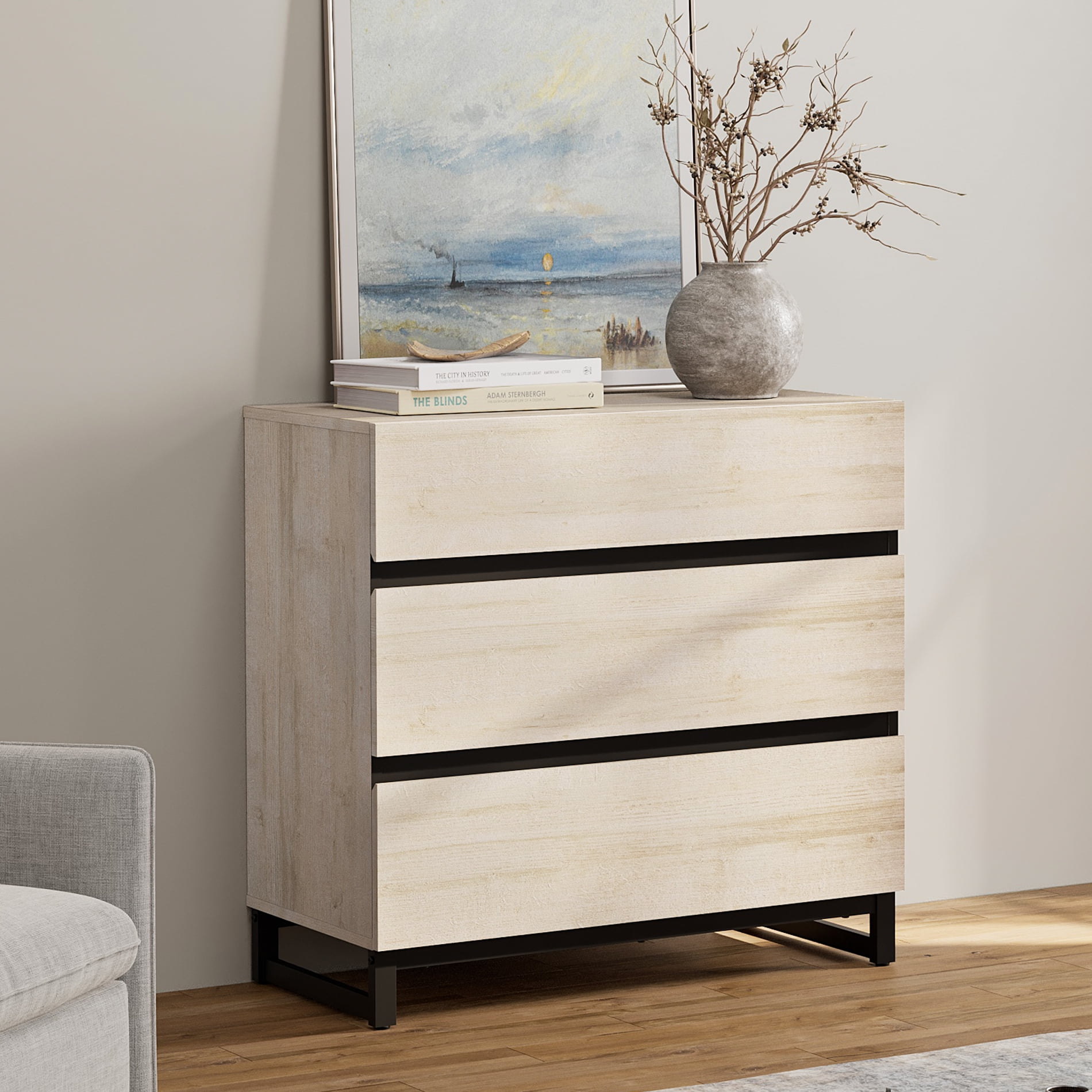 WAMPAT Dresser for Bedroom, Closet Organizers and Storage with 3 Drawers, Chest of Drawers with Metal Base, Modern Wood Dresser for Living Room, Hallway, Entryway, Light Oak