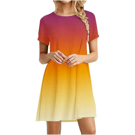 Summer Saving Wycnly Sundresses for Women Short Sleeve Crewneck Gradient Print Mini Dresses Casual Flowy Swing Tunic T-Shirt Summer Dress Orange Up to 65% off