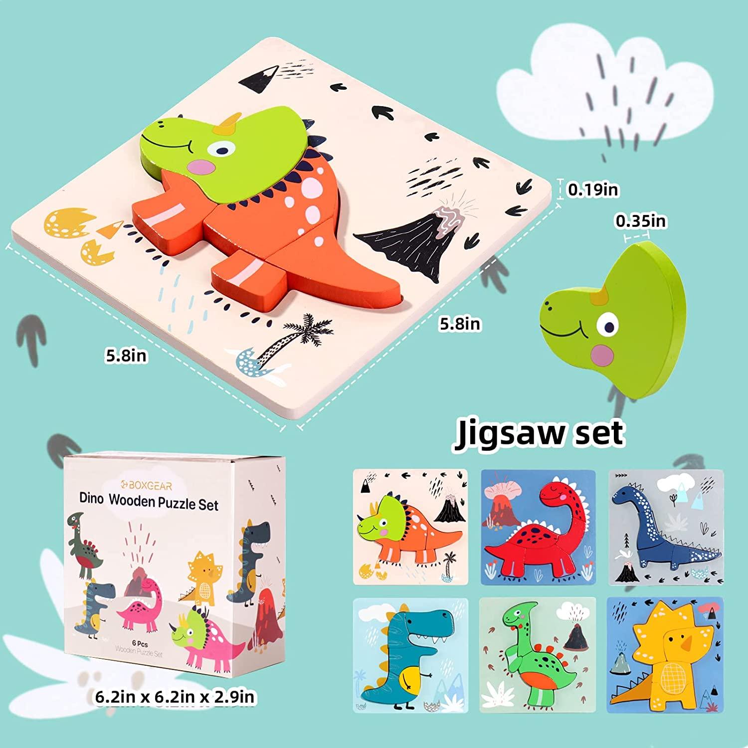 6 Pcs Colorful Dinosaur Shape Wooden Animal Jigsaw Puzzles Baby Educational Toys for Toddler Boys and Girls