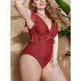 thumbnail image 4 of Charmo Women Ruffled Swimwear V Neck Plus Size Monkini Tie Back Bath Suit Tummy Control Swimsuit, 4 of 5