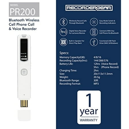 RecorderGear PR200 Bluetooth Cell Phone Call Recording Device, iPhone and Android Mobile Recorder