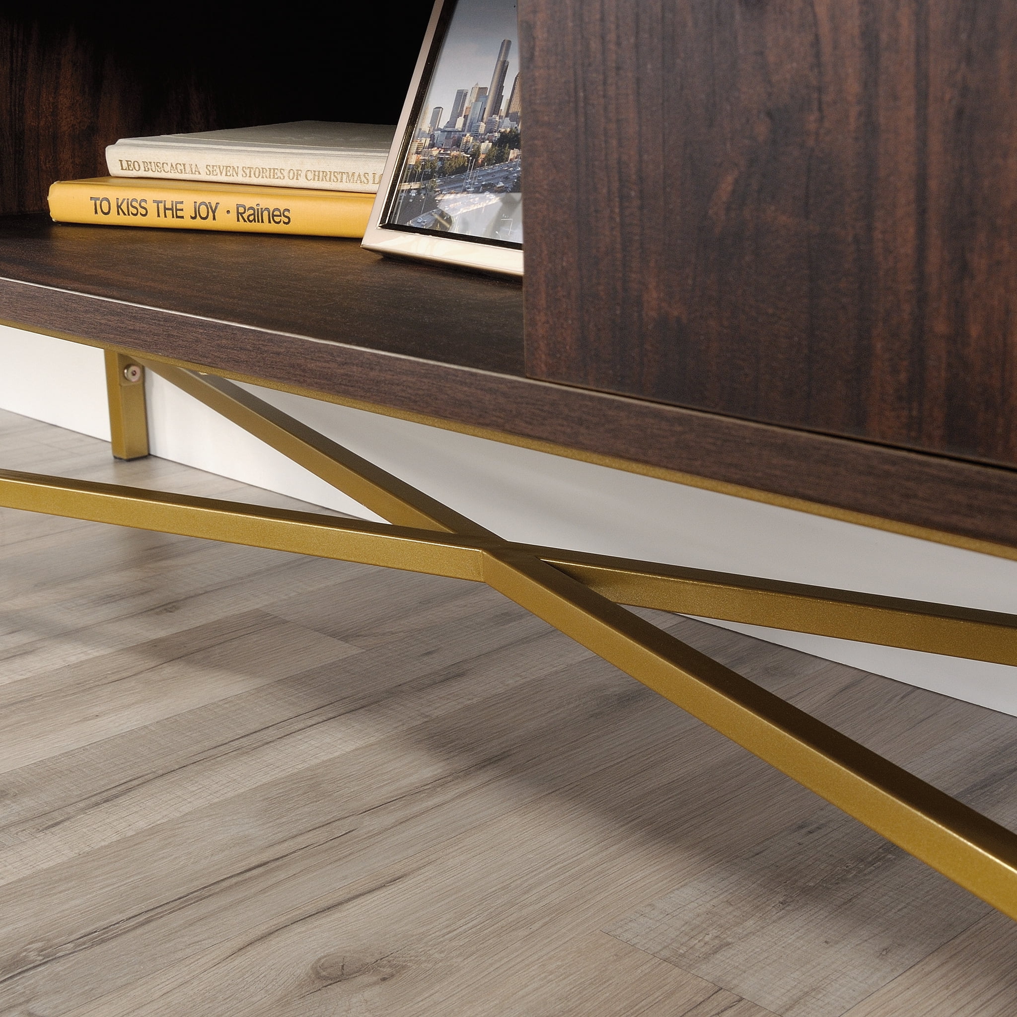 Sauder Curiod Glass Top Gold Metal TV Stand Credenza for TVs up to 55", Rich Walnut Finish