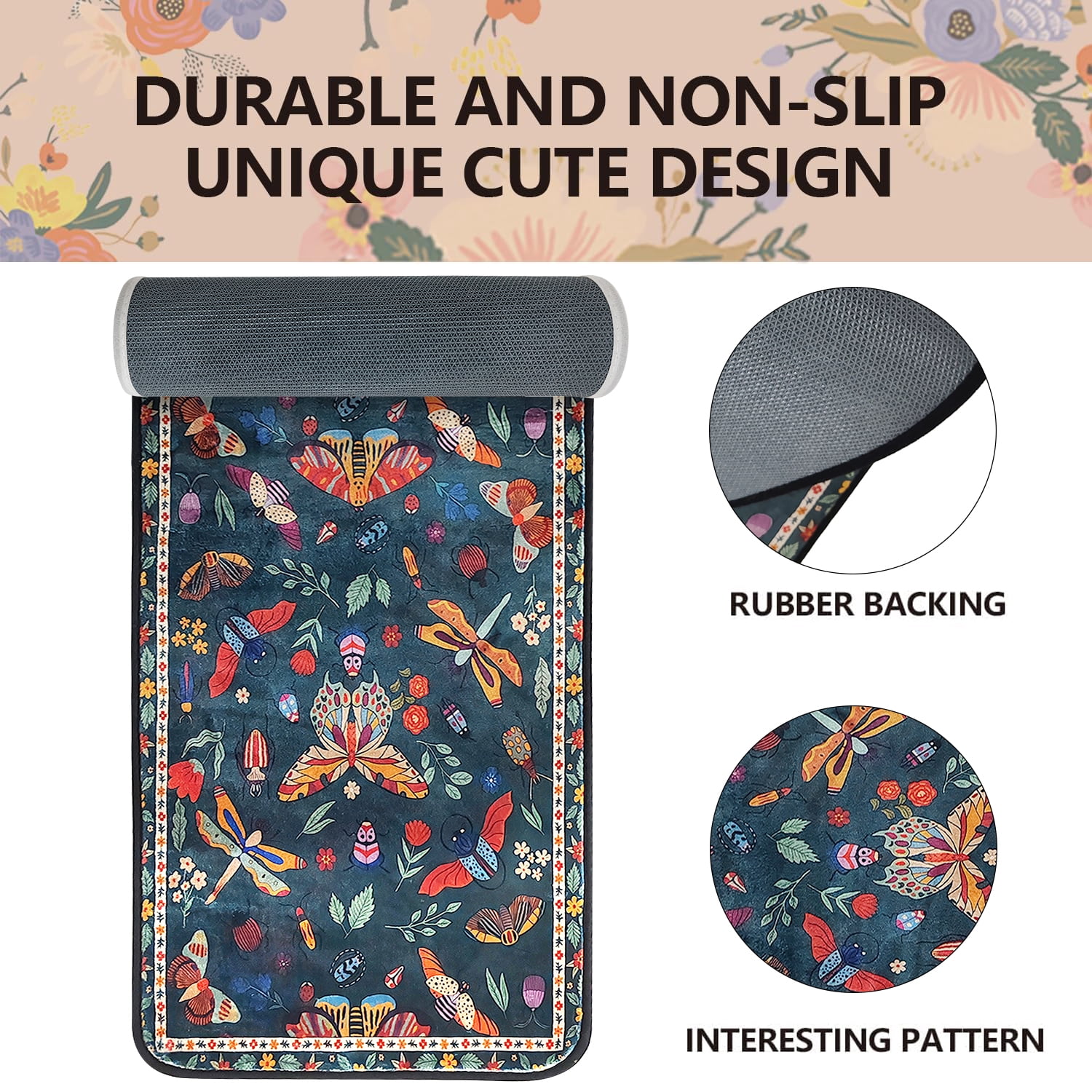 Boho Gothic Moth Bath Rug Runner 47 * 16inch Butterfly Plant Floral Bathroom Mat Non Slip Absorbent Cute Leaves Bathroom Mats