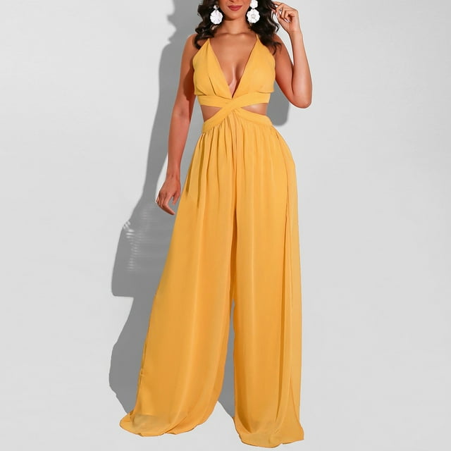 LOVZFMLL Combinaison Femme, Mode Décontractée Épaules Dénudées Combinaison Bretelles Pantalon Grand Jaune, m