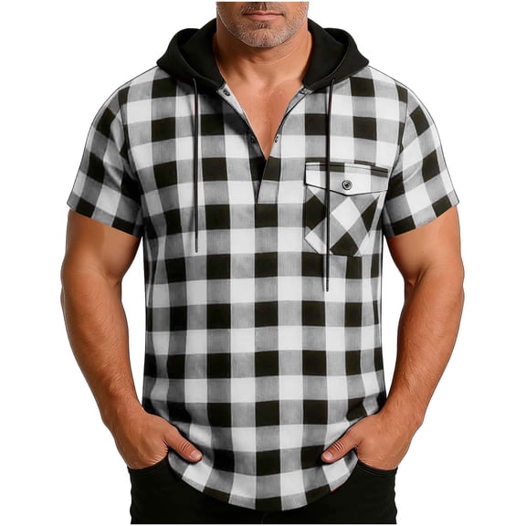 YFNNUP Plaid Short Sleeve Hoodies for Men Casual Pullover Shirt Classic Fit Drawstring Hooded T Shirts Fashion Clothes