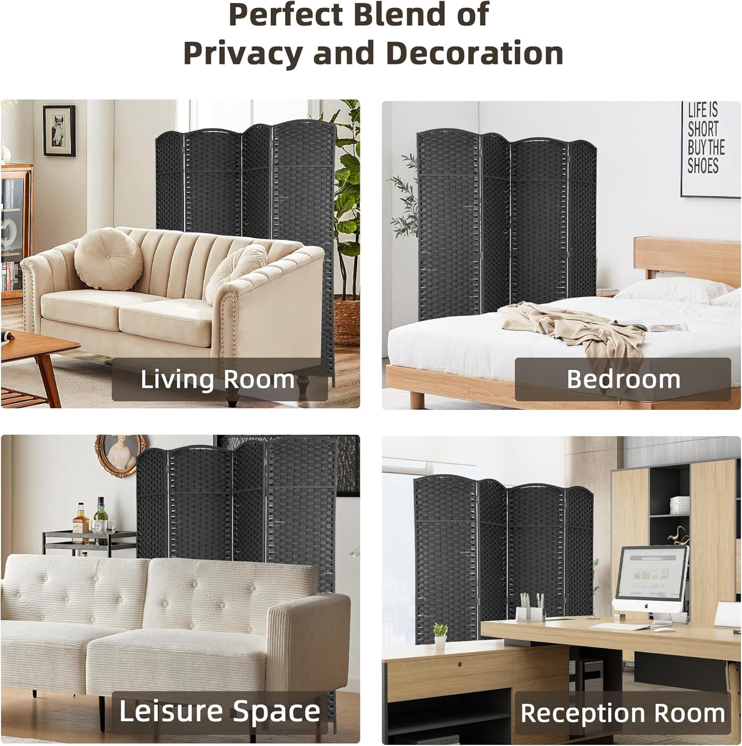CL.HPAHKL 4 Panel Room Divider, Folding Privacy Screen 5.57 FT Tall Portable Wooden Wall Divider, Black