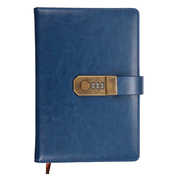 Uxcell Vintage Leather Journal Notebook with Combination Lock, A5 Diary with Lock, 100 Sheets Lined Password NoteBook Pen Holder & Card Slot for Home Office Travel, Dark Blue