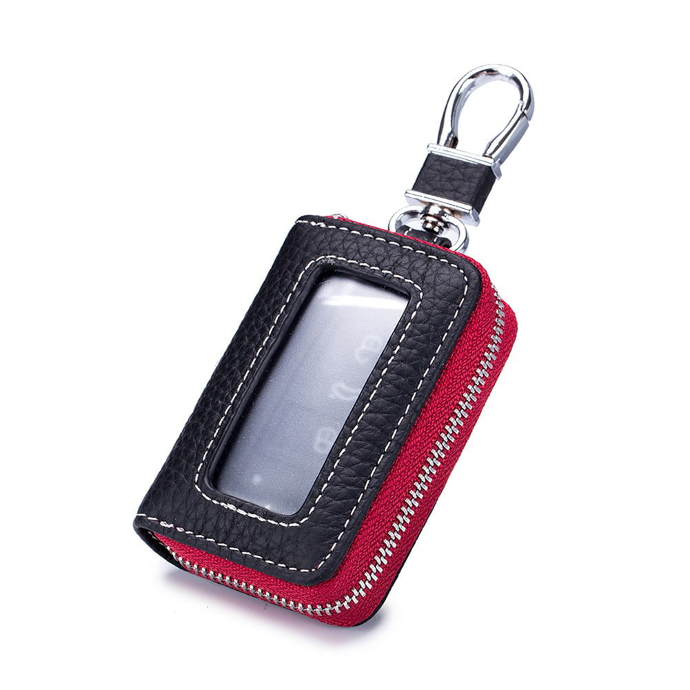 Real Leather Black Car Key Holder Keychain Remote Case Zipper Bag Red Stitching 