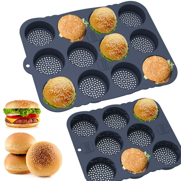 Hamburger Bun Pan 8/12 Cavity Reusable Non Stick Hamburger Bun Molds Silicone Hamburger Bread Pan Easy to Release Baking Pan Dishwasher Safe for Homemade Hamburger Buns