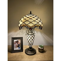 Tiffany Table Lamp Beige Stained Glass Shade And Base Crystal Beans LED Bulbs Included for Living Room Bedroom Bedside 12"W*12"D*22"H