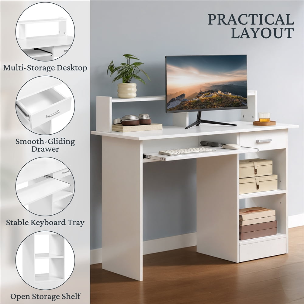 Yaheetech Computer Desk Home Office Laptop Desktop Table with Drawers Storage Shelf Keyboard Tray, White