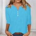 thumbnail image 7 of vigerkar Women's Casual 3/4 Sleeve T Shirts Button V Neck Basic Tee Tops Loose Fit Summer Shirt Beach Vacation Outfits Blue, S, 7 of 7