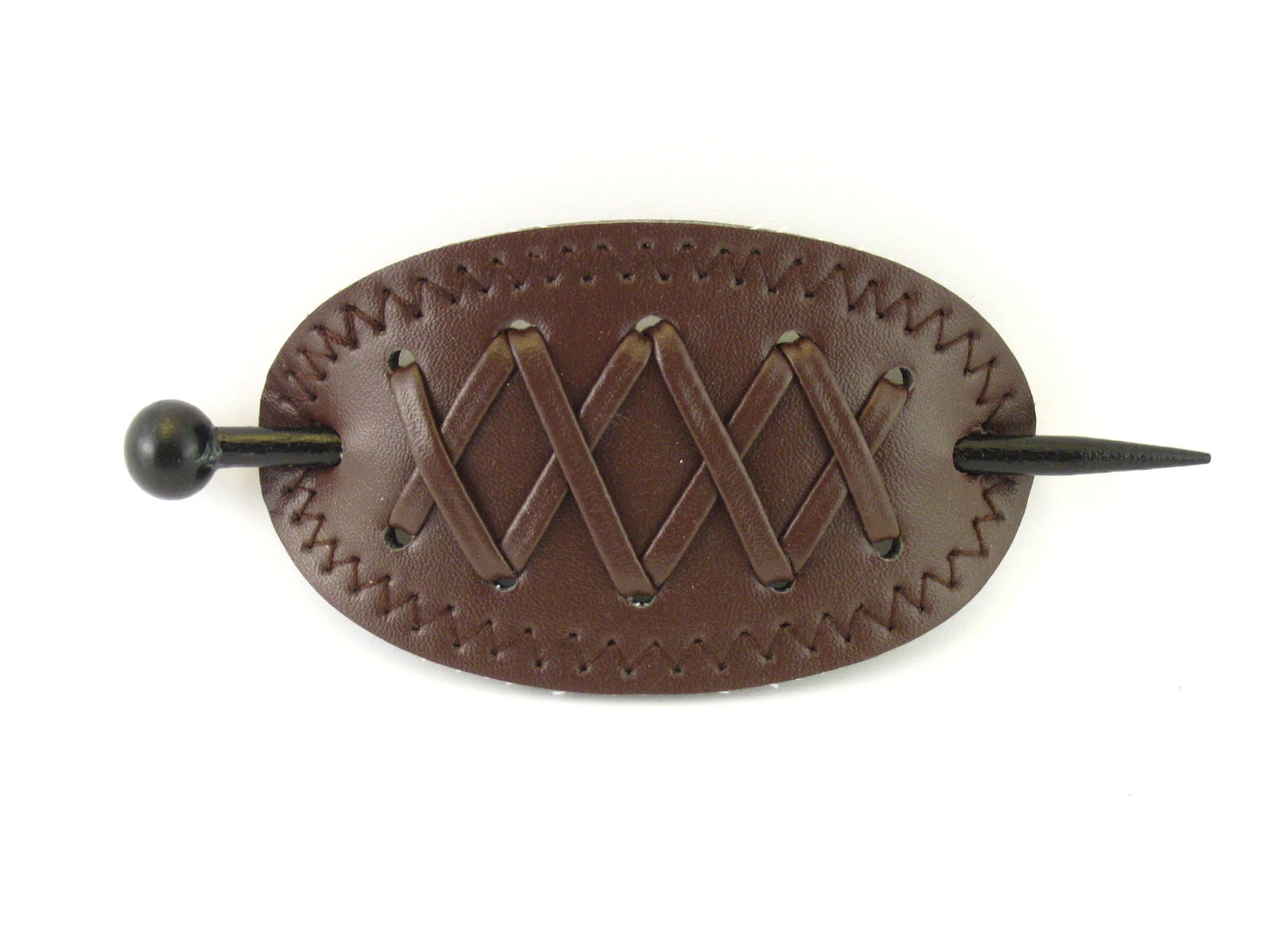 Pastel Oval Leather With X Stitched Pattern & Wood Hair Barrette Stick - Dark Brown