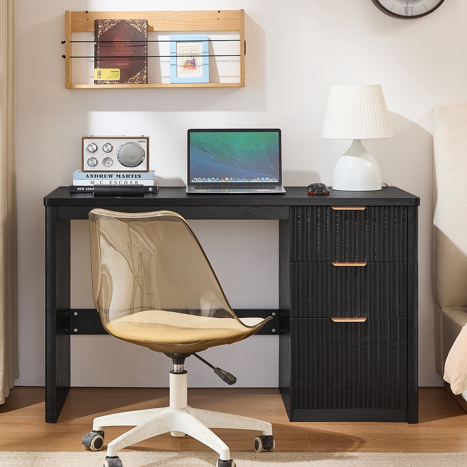 48" Fluted Executive Desk, Modern Wood Computer Writing Desk Home Office Desk with Metal Handles, Writing Table Storage Cabinet for Study, Black