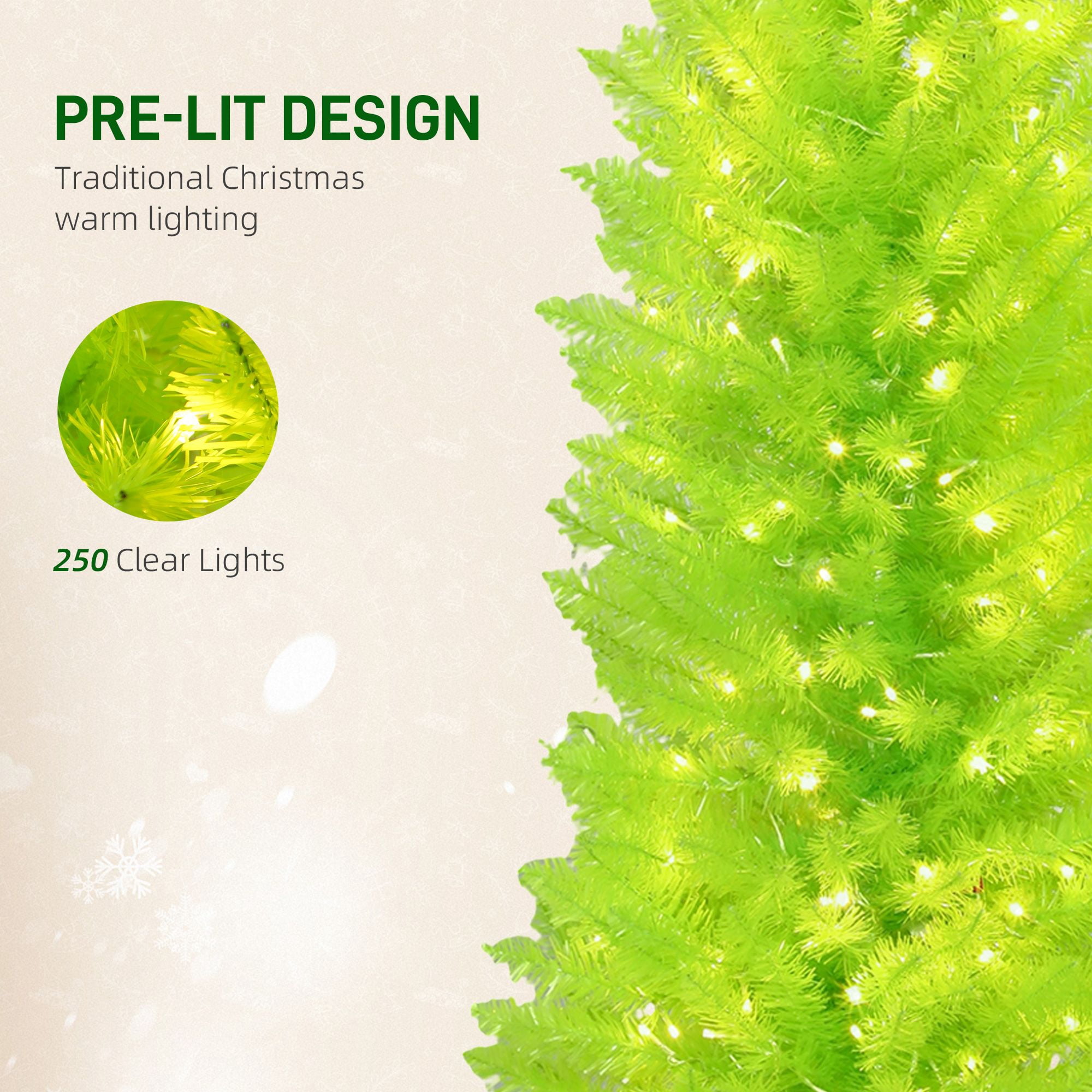 7 ft Prelit Pencil Christmas Tree with 250 Warm White LED Lights, 628 Tips, Bent Top with Red Ball, Slim Artificial Xmas Tree for Small Spaces and Apartments