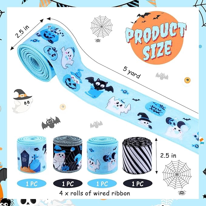 4 Rolls 20 Yards Blue and Black Halloween Wired Ribbons, 2.5 Inch Ghost Pumpkin Bat Printed Grosgrain Ribbon, Halloween Themed Fabric Ribbon for Wreaths, Wrapping Gifts, Crafts