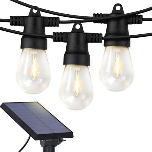 Ambience Pro Solar Powered Outdoor String Lights, 48 ft Commercial Grade Waterproof Patio Lights, 15 Edison Bulbs, Shatterproof LED String Lights for Outside, Porch - 1W Soft White