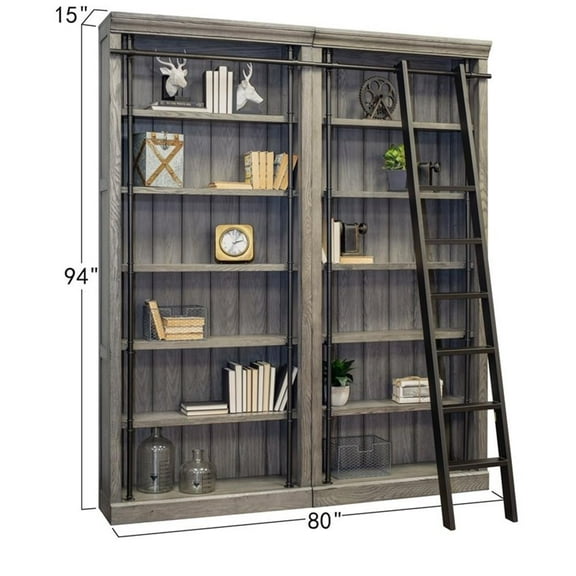 Pemberly Row 8' Tall Wood Bookcase Wall With Ladder Aged Office Bookcases - Gray