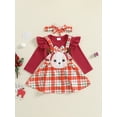 thumbnail image 3 of Suealasg 3Pcs Newborn Infant Baby Girl Christmas Outfits Clothes Set 3 6 12 18 24 Months Infant Girl  Ruffles Long Sleeve Romper Elk Plaid Bow Overall Skirt Headband, 3 of 7