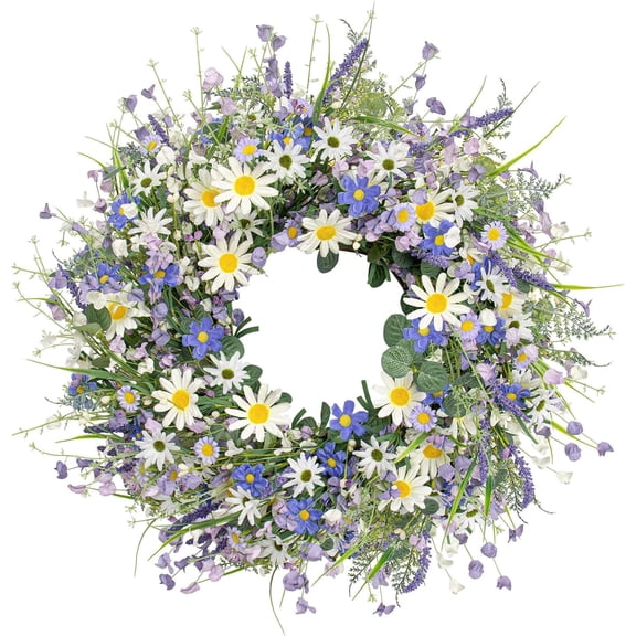 Large Spring Wreaths for Front Door Spring Door Wreath Summer Floral Wreath with White Sunflower Lanvender Wildflowers for Indoors Outdoor Home Decorations