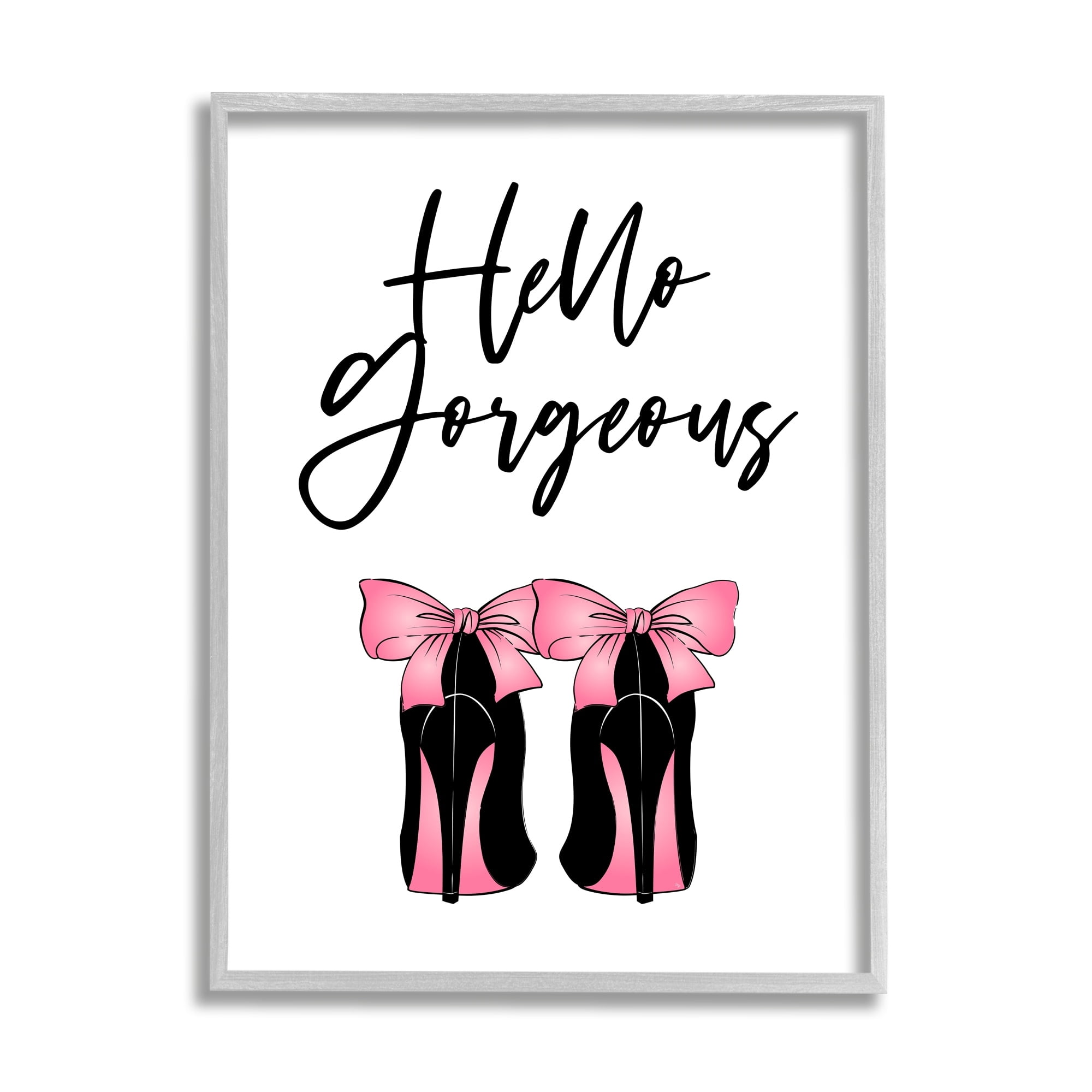 Stupell Industries Hello Gorgeous Pink Bow Heels Botanical & Floral Painting Gray Framed Art Print Wall Art
