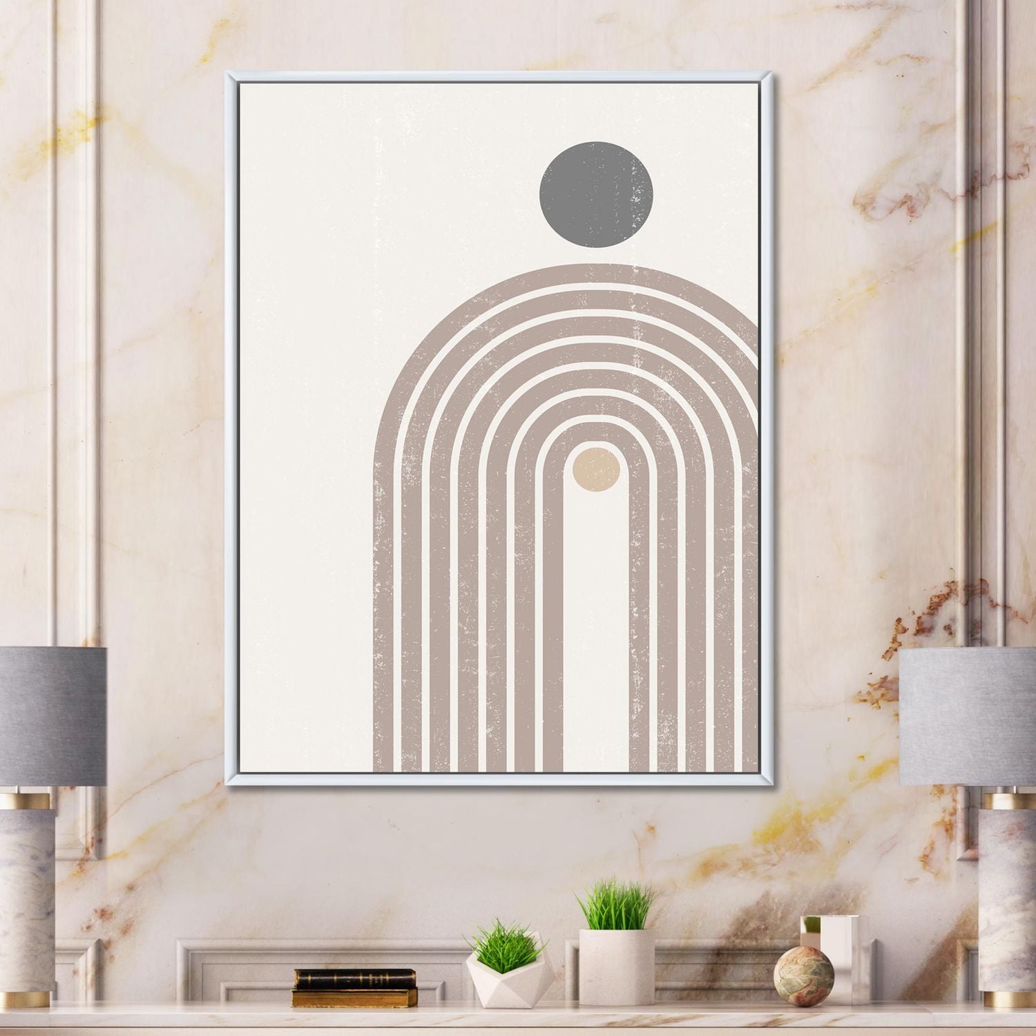 Designart Abstract Rainbow Sun and Moon In Earth Tones I FLOAT FRAME WALL ART