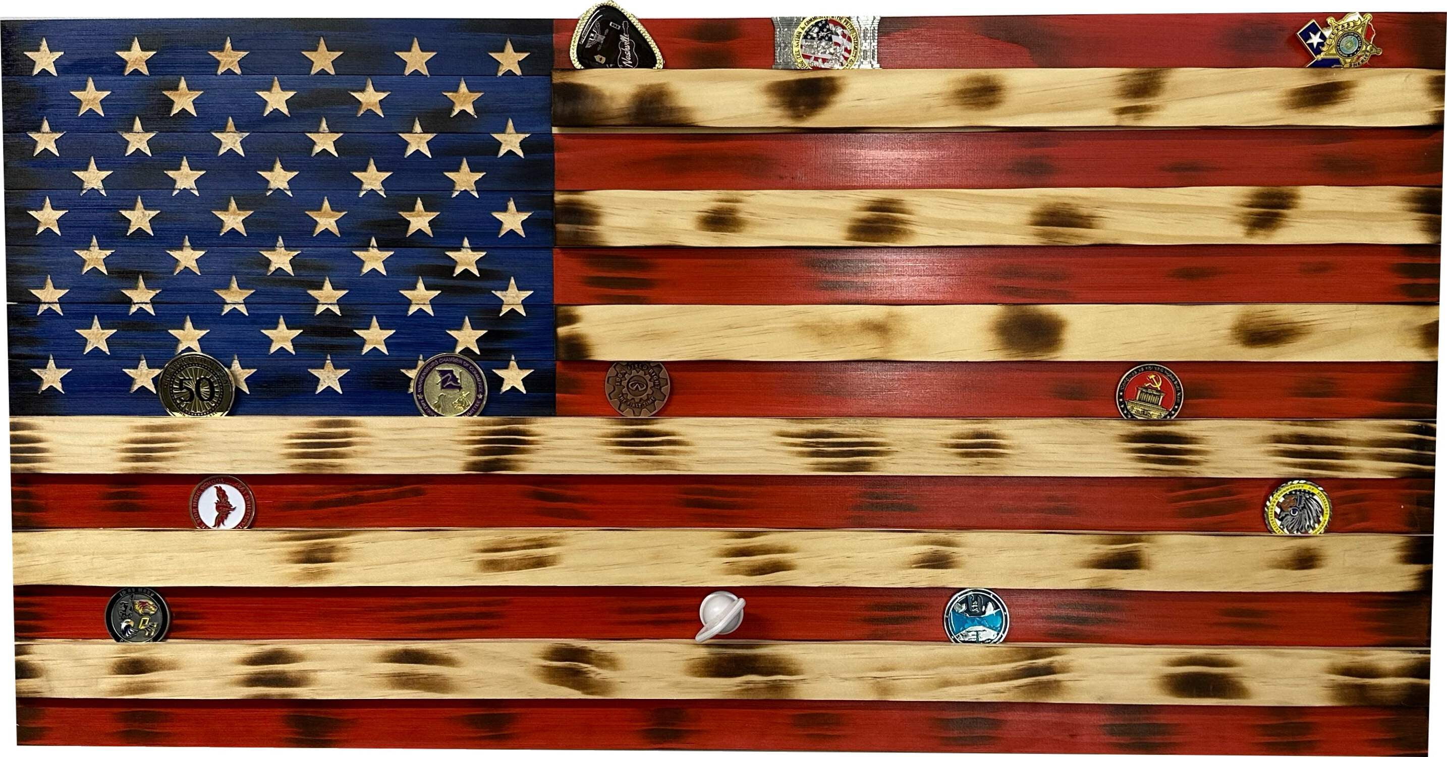 American Flag Challenge Coin Display and Hidden Gun Cabinet, Military Coin Holder Holds 100 Coins by Bellewood Designs