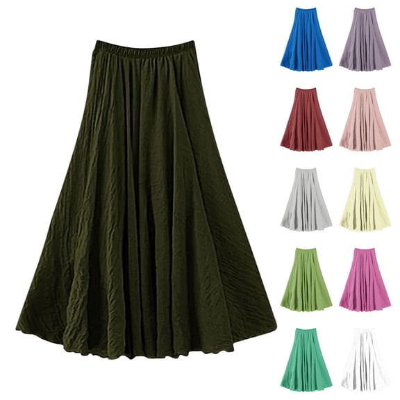 Paiwinds Women's Summer Casual Solid Color A-Line Ankle-Length Skirt with Elastic Waist, Soft Breathable Flax for Everyday