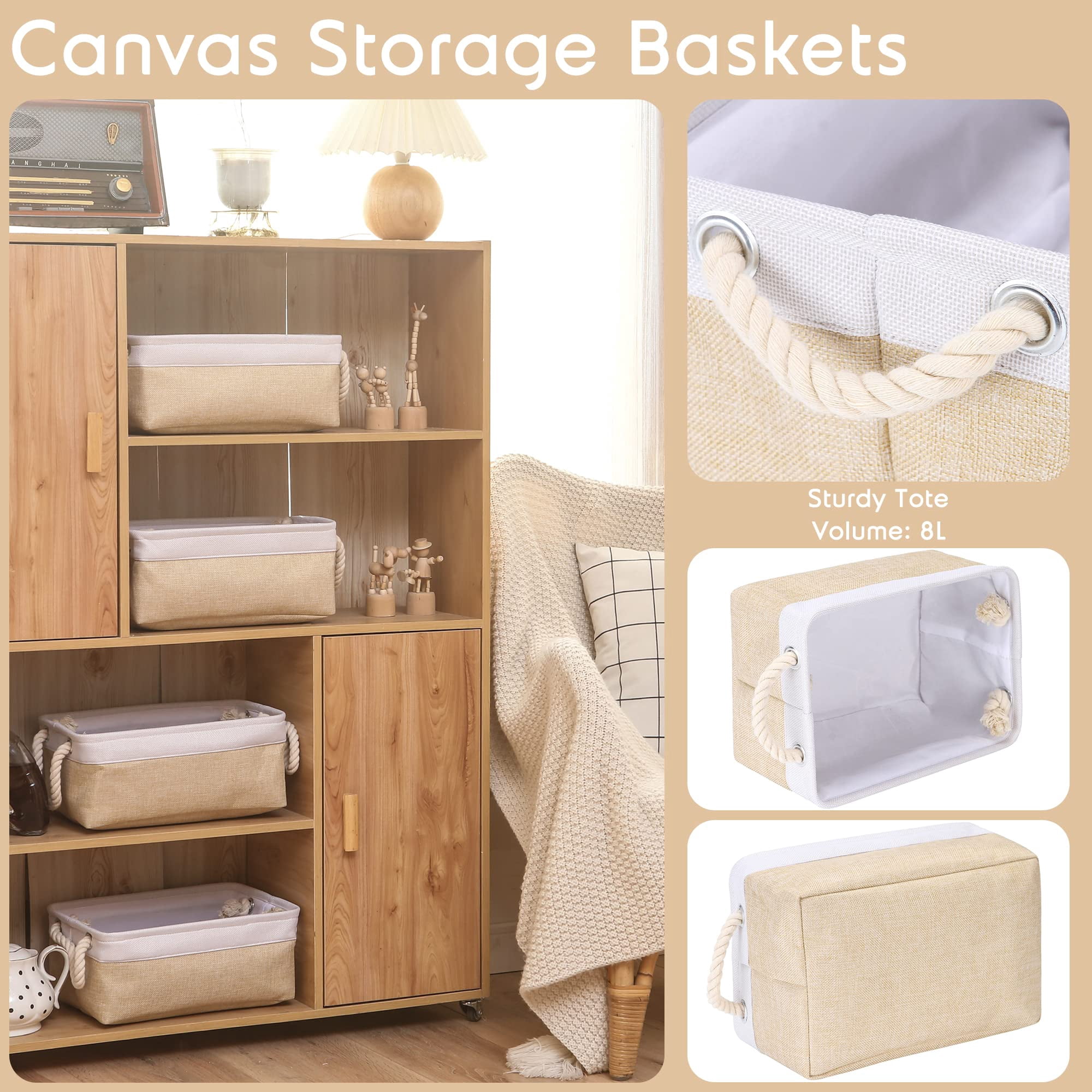 Sea Team 3-Pack Small Storage Basket Set, Storage Cube Organizer, Storage Bins, 12 x 8 x 5 Inches, Rectangle Canvas Fabric Collapsible Shelf Box with Handles, Beige & White
