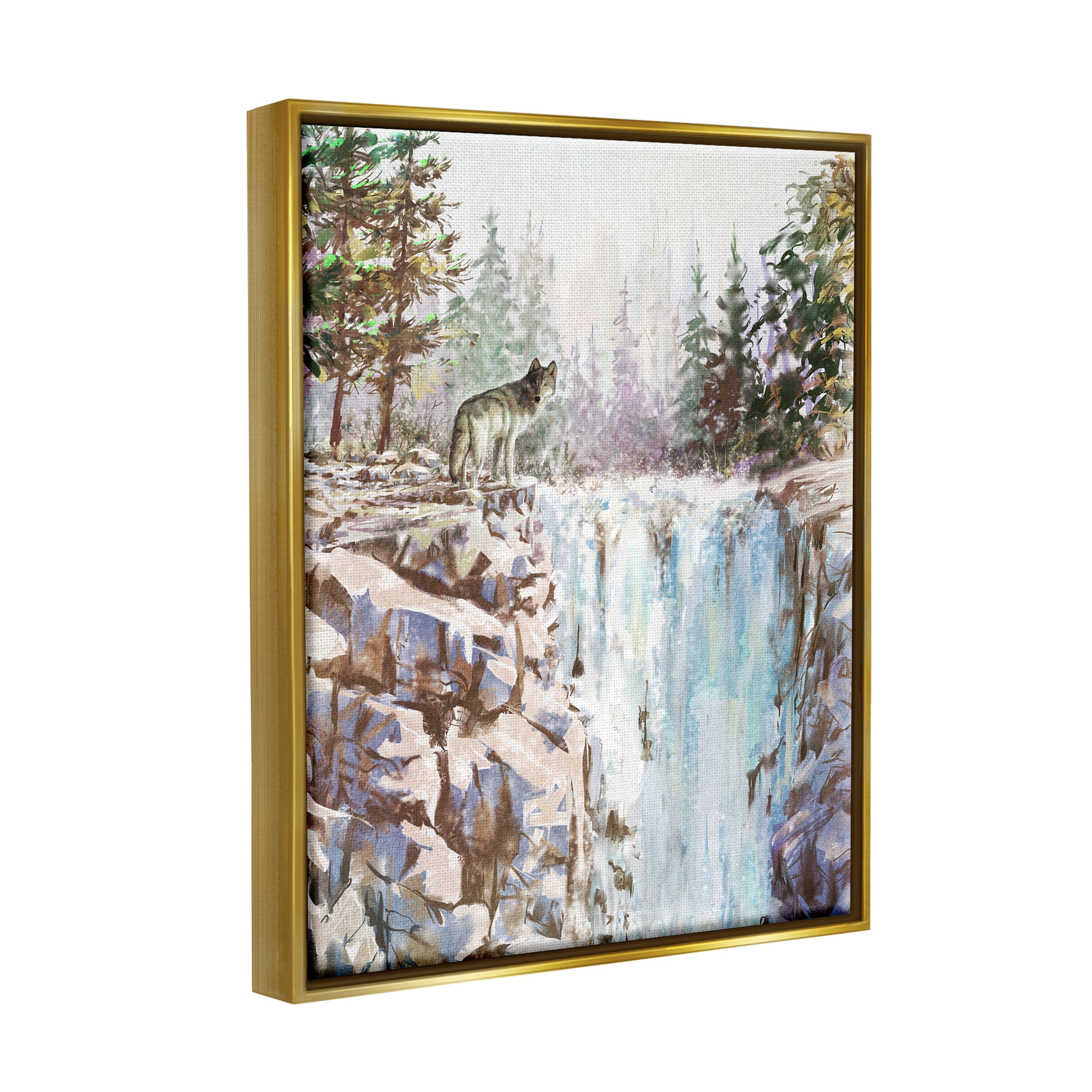 Stupell Wolf Near Rocky Waterfall Cliff Animals & Insects Painting Gold Floater Framed Art Print Wall Art