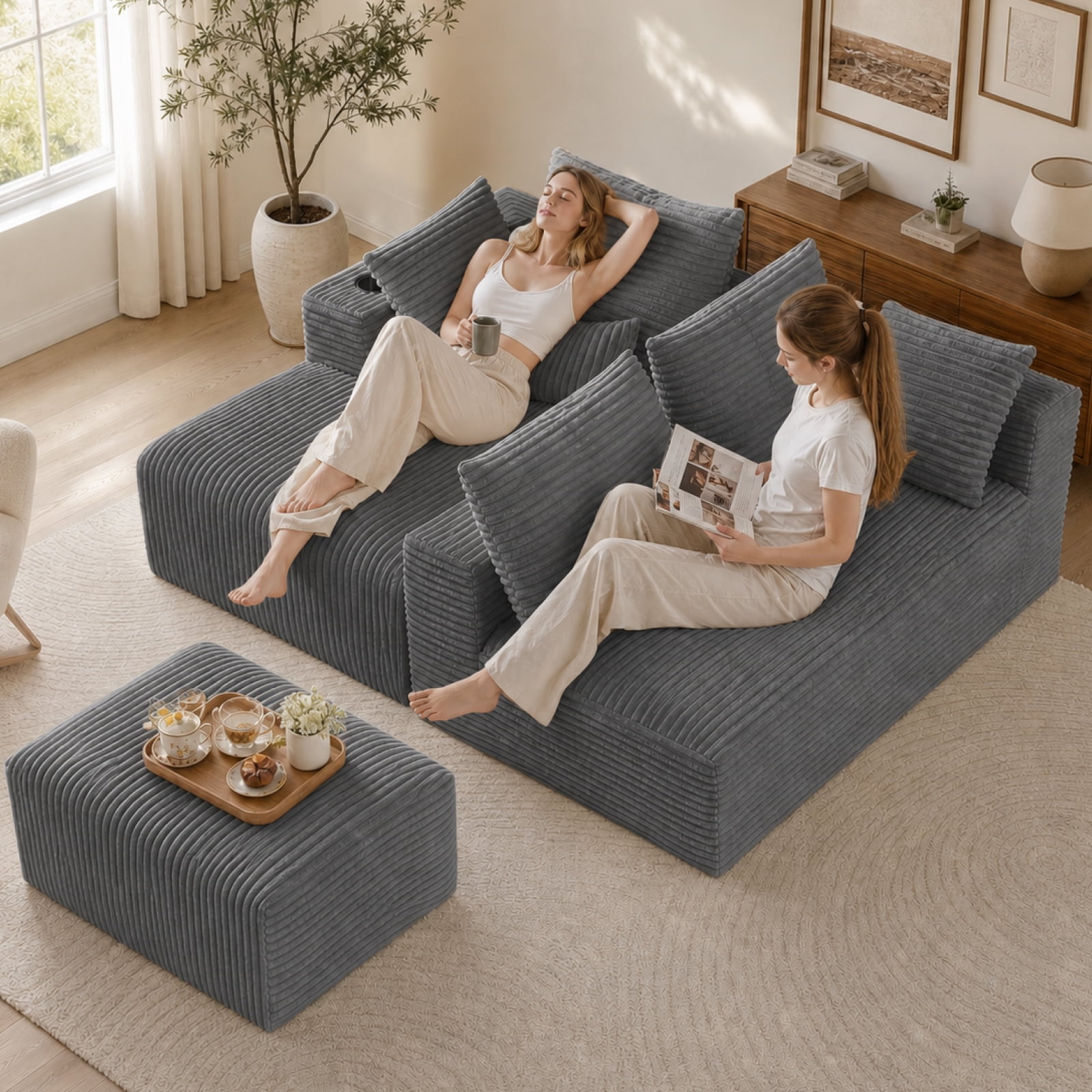 95'' 4 Seater Boneless L Shape Modular Sofa Couch with 4 Pillows, 2 Cup Holders and Ottoman