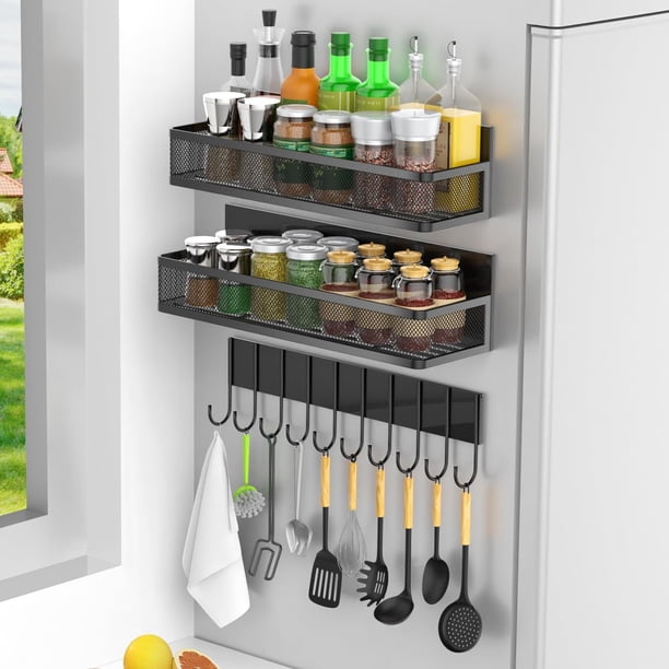 Especieros para Cocina Magnético, 2 Niveles Estantes de Malla y 8 Ganchos, Estante Organizador Magnético para Especias, Estante magnético para lavadora, Colocar tarros de especias, colgar trapos
