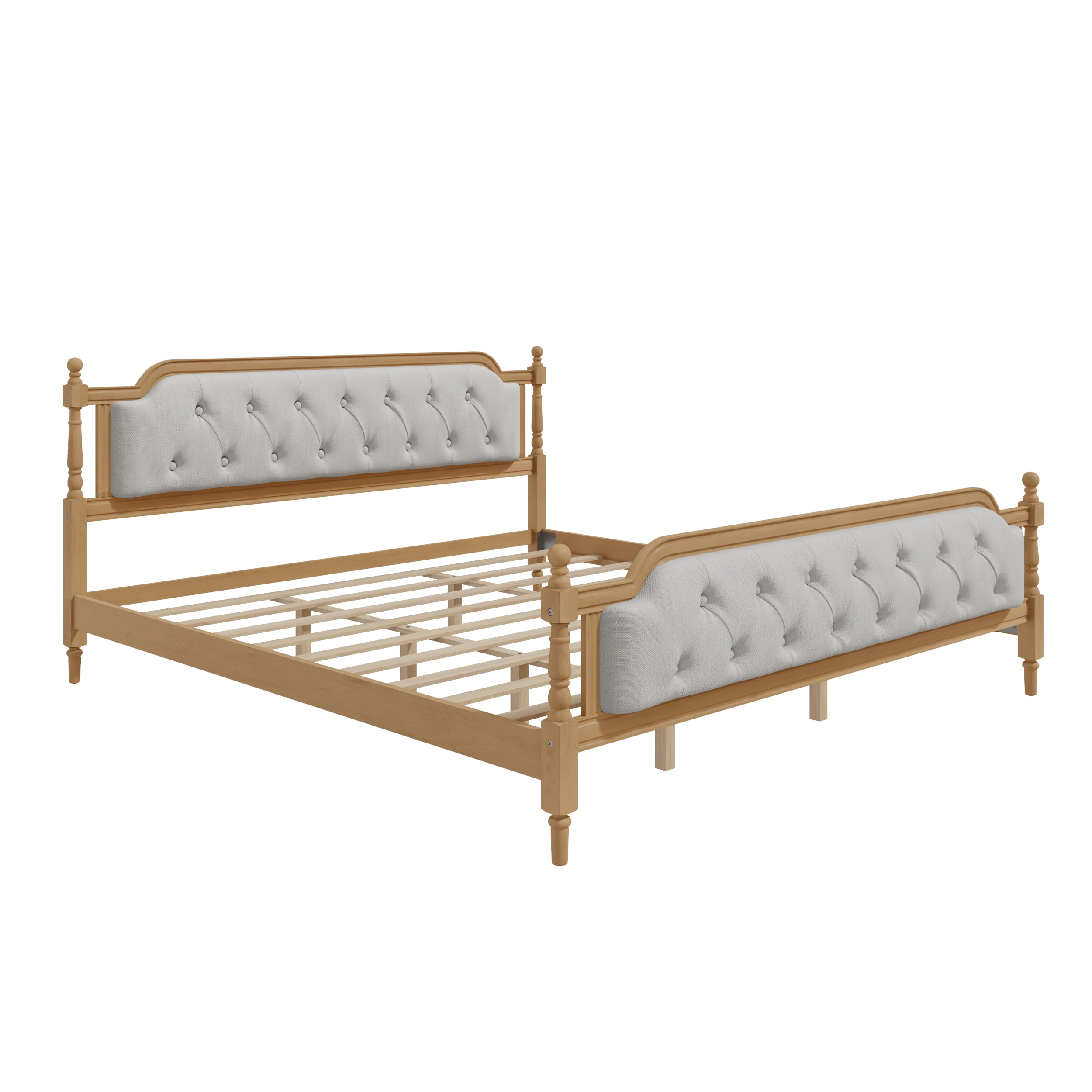 MAYEERTY King Traditional Solid Wood Bed Frame Upholstered Tufted Headboard for Bedroom Walnut