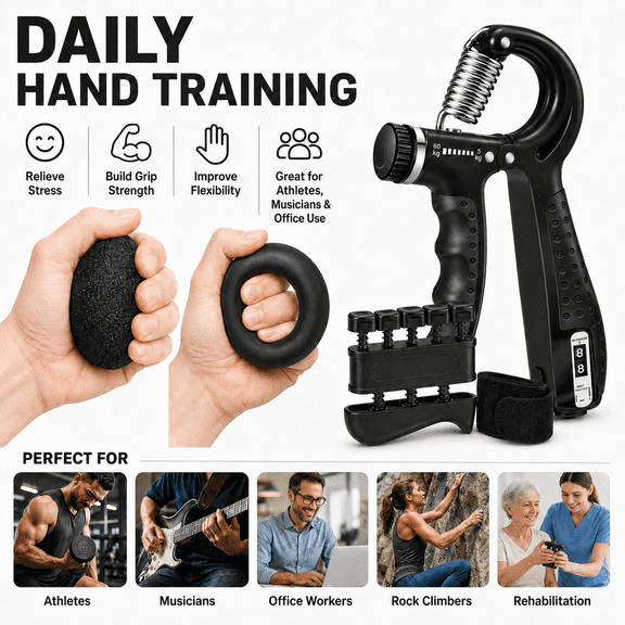 5-Piece Hand Grip Strengthener Set, Adjustable Hand Gripper with Finger Exerciser, Grip Ring & Ball for Forearm Strength Training, Home Gym