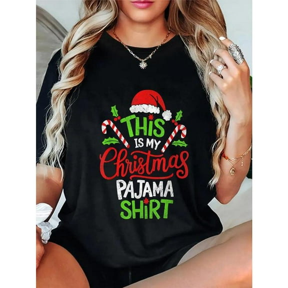 Comfortable Christmas Pajama Humor Graphic Tee T Shirt Top Short Sleeve Round Neck Black S-5XL