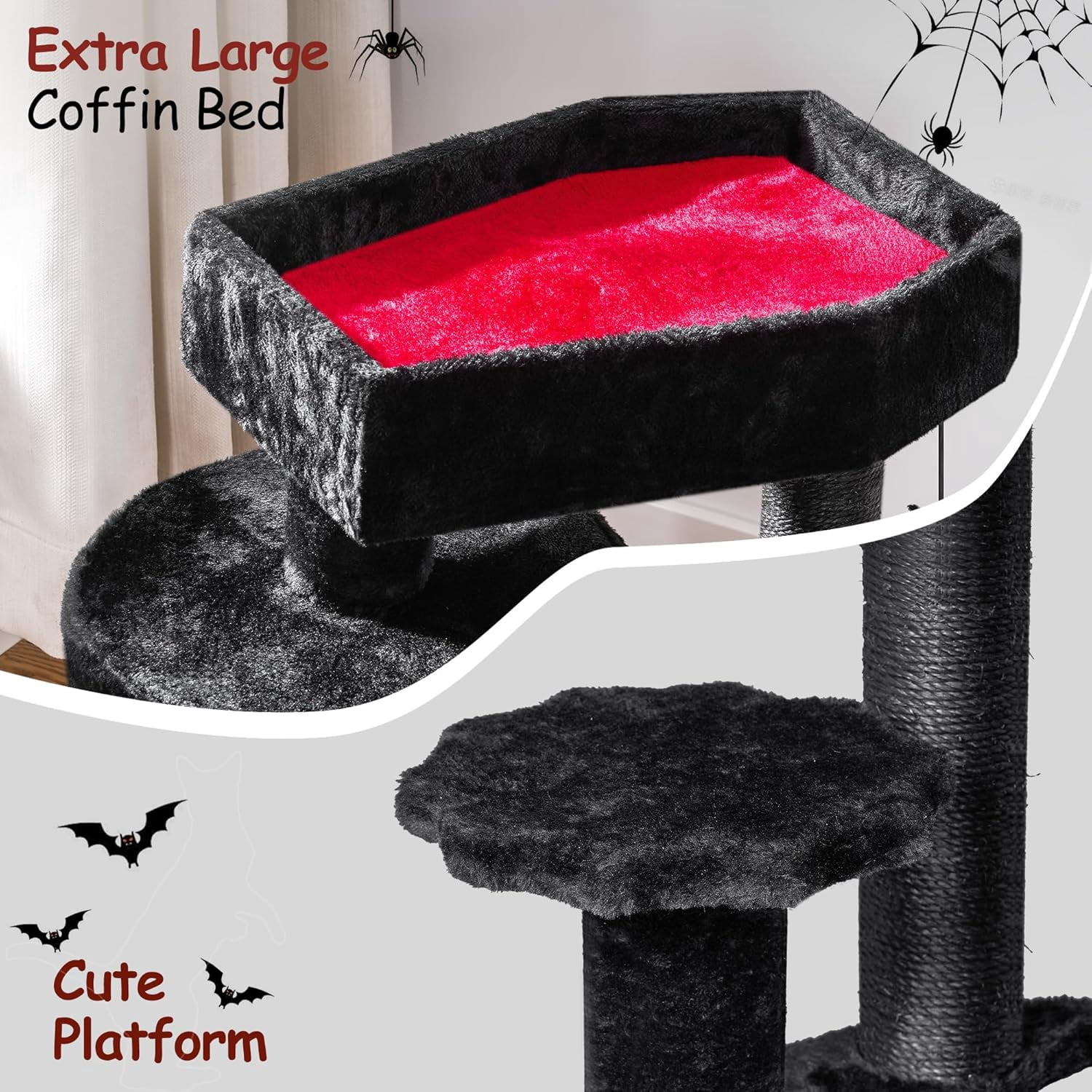 Gothic Cat Tree with Coffin Bed Goth Cat Tower Coffin Cat Tree Cat Condo with Cat Scratching Post, Spider Hanging Ball Black Red Halloween Kitten Pet Furniture