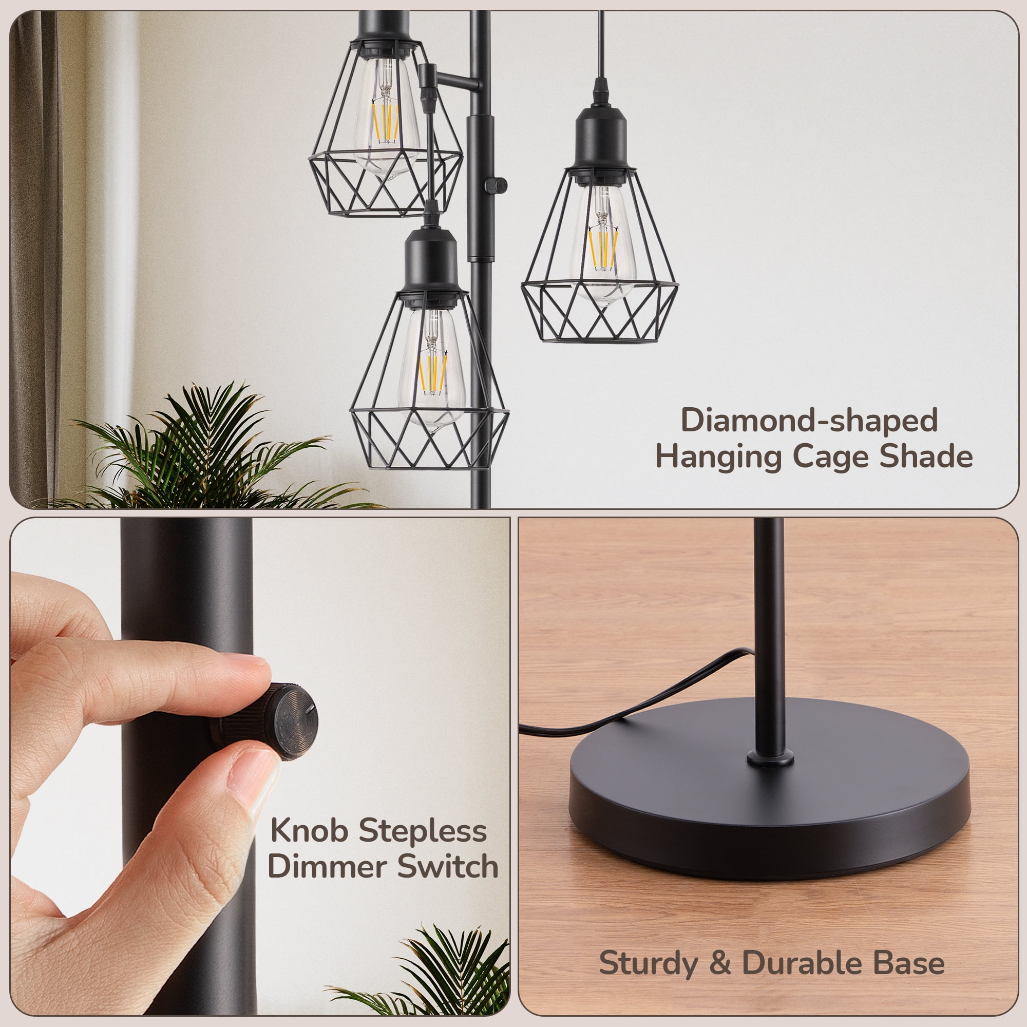 EDISHINE 70IN Farmhouse Industrial Floor Lamps for Living Room, Dimmable, Metal Standing Tree Lamp for Bedroom, Office, Home Decor, Lighting, 3 LED Edison Bulbs Included, Black