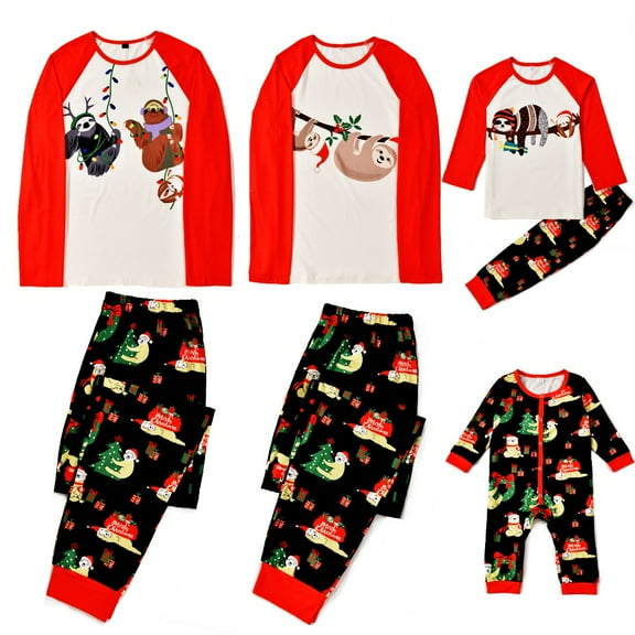 SYNPOS Matching Family Pajamas Sets Christmas PJ's with Sloth Printed Long Sleeve Tee and Bottom Loungewear Sleepwear