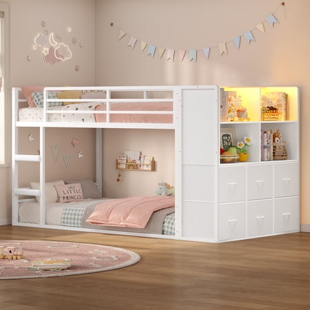 Bunk Bed Twin Over Twin with 6 Large Fabric Drawers,4 Wooden Storage Bookshelf, Metal Bunk Bed Low Loft Bed with LED Lights,Safety Ladder,Guardrail, Space Saving,White