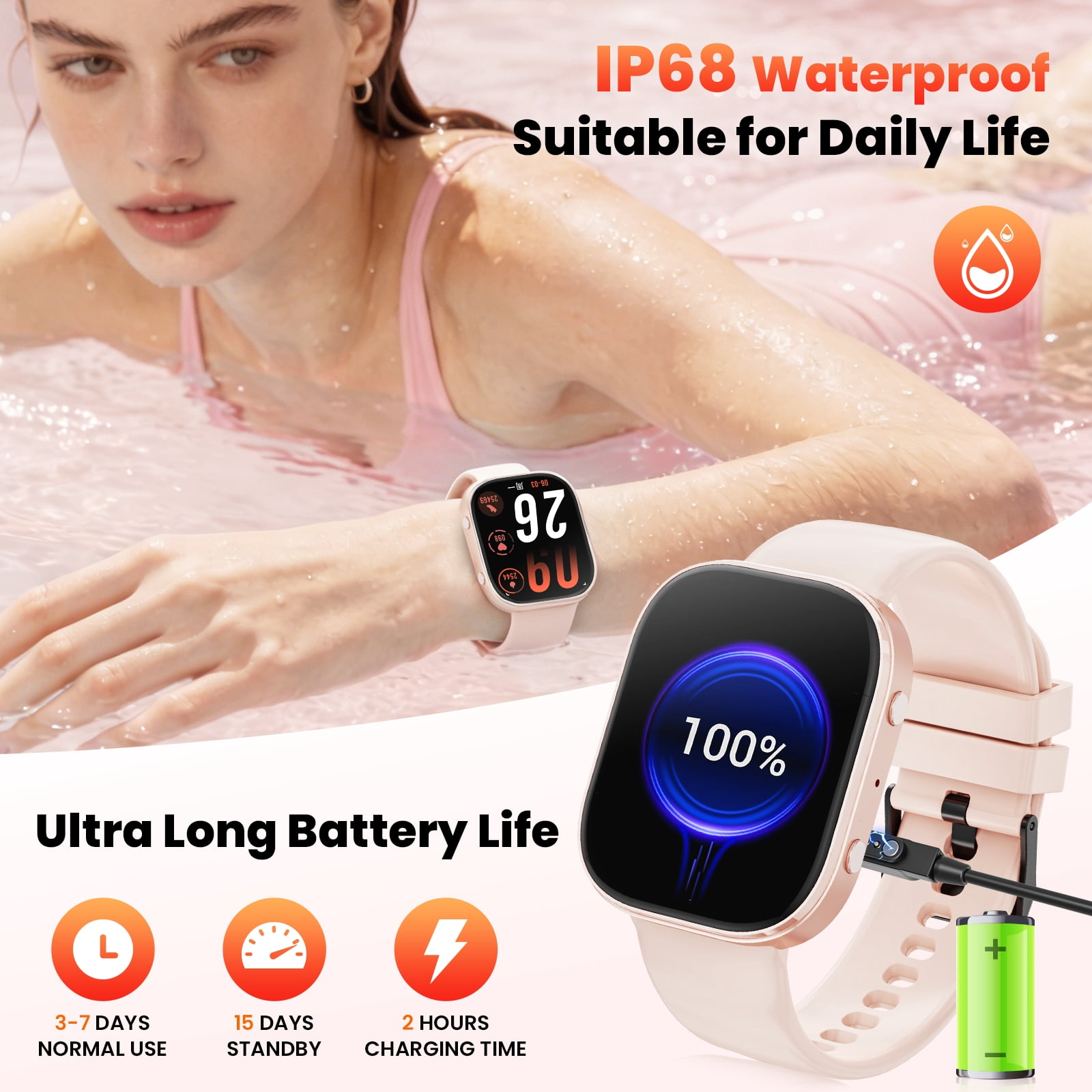 Minsxk 1.88" HD Smart Watch for Women, IP68 Waterproof, Bluetooth Answer Calls, Fitness Tracker with Multi Sport Modes, Compatible with Android iPhone