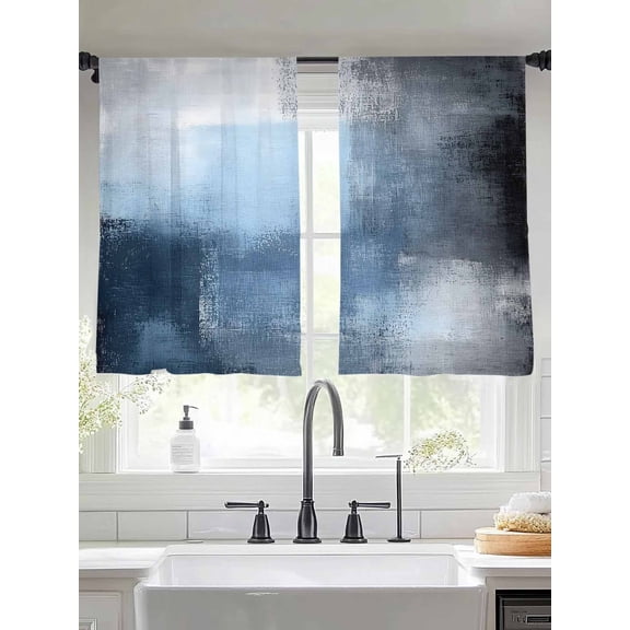 Blue Grey Sheer Curtains for Living Room Bedroom Modern Oil Painted Art Abstract Geometric Sheer Curtains 45 Inch Long 2 Panels Set Light Filtering Curtain Window Treatments Drapes for Dining Room