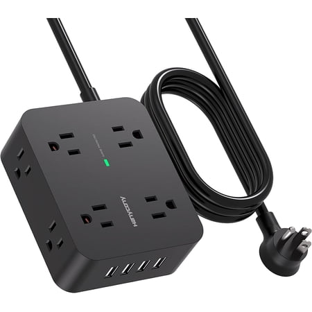 HANYCONY Power Strip Surge Protector, 5 Ft Exetnsion Cord with Multiple Outlets, Outlet Extender with 4 USB Ports, Flat Plug, Wall Mount for Home Office Dorm Room Essentials, ETI Listed, Black