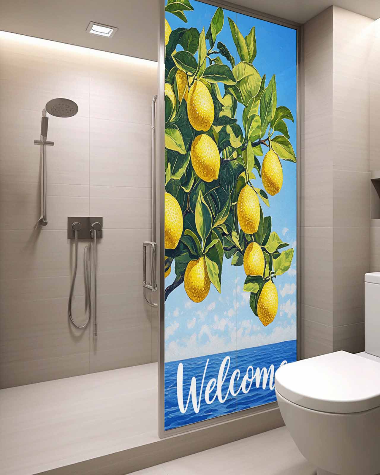 Window Privacy Film Coastal Lemon Stained Glass Window Film Decorative Sun Block Window Cover Summer Ocean Sea Yellow Fruits Leaf Tree Window Clings Static Adhesive Sticker for Bathroom 29.5"x78.7"
