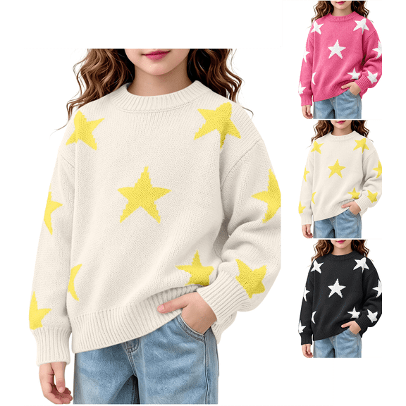 Girls Sweater Nelozsy Girls Crew Neck Star Knit Sweater Long Sleeve Loose Casual Pullover White 10-12 Years