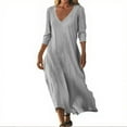 thumbnail image 2 of Halter Dresses For Women, Linen Beach Dress Casual Loose Fit V Neck 3/4 Sleeve Maxi Sundress Lightweight Wedding Guest Vacation Dress Summer Formal Dresses Tennis Dresses (L, Gray) ZMTing, 2 of 5
