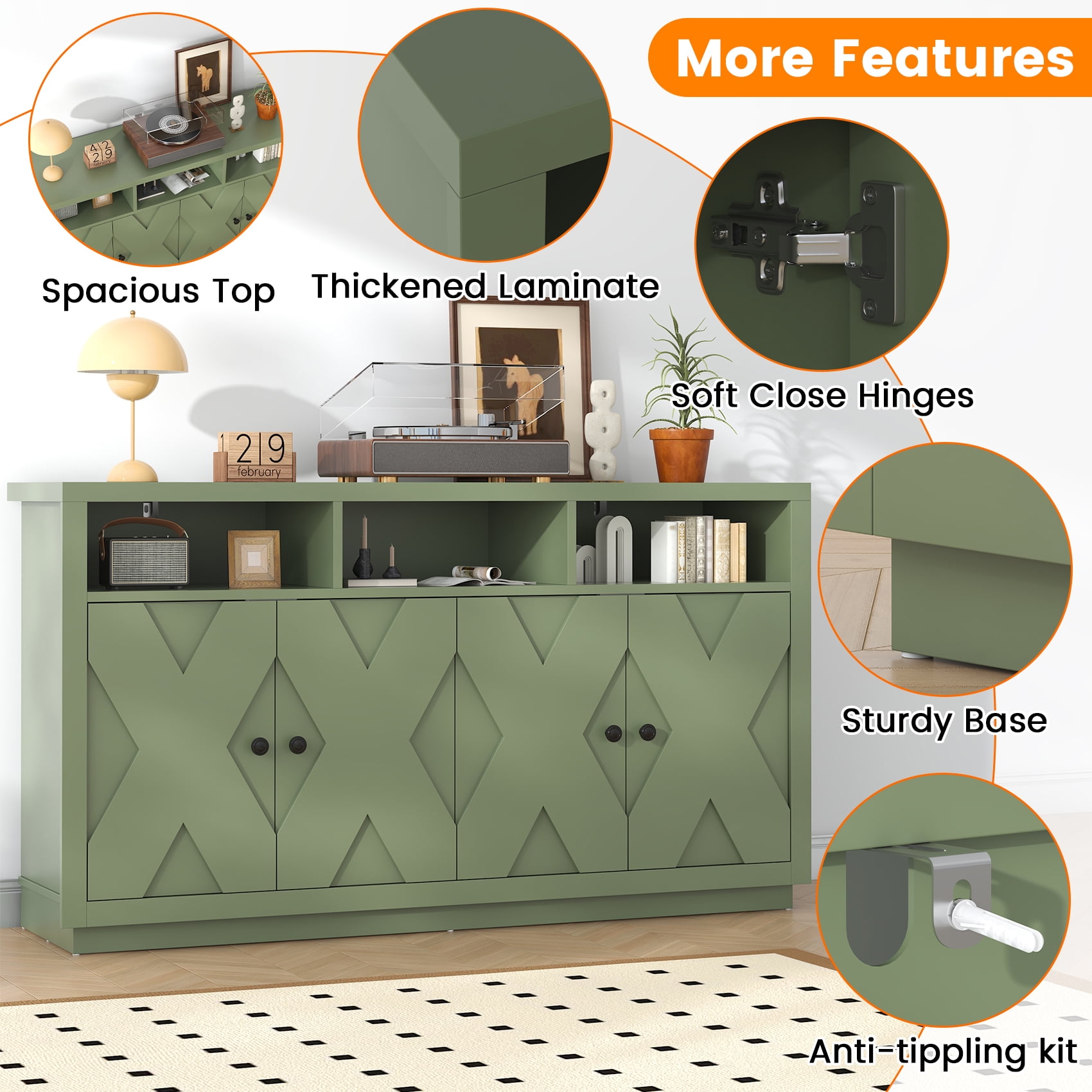 HAUXITIO 60" Farmhouse Buffet Cabinet with 4 Doors & Open Shelves,Kitchen Storage Sideboard for Dining Room & Living Room,Green